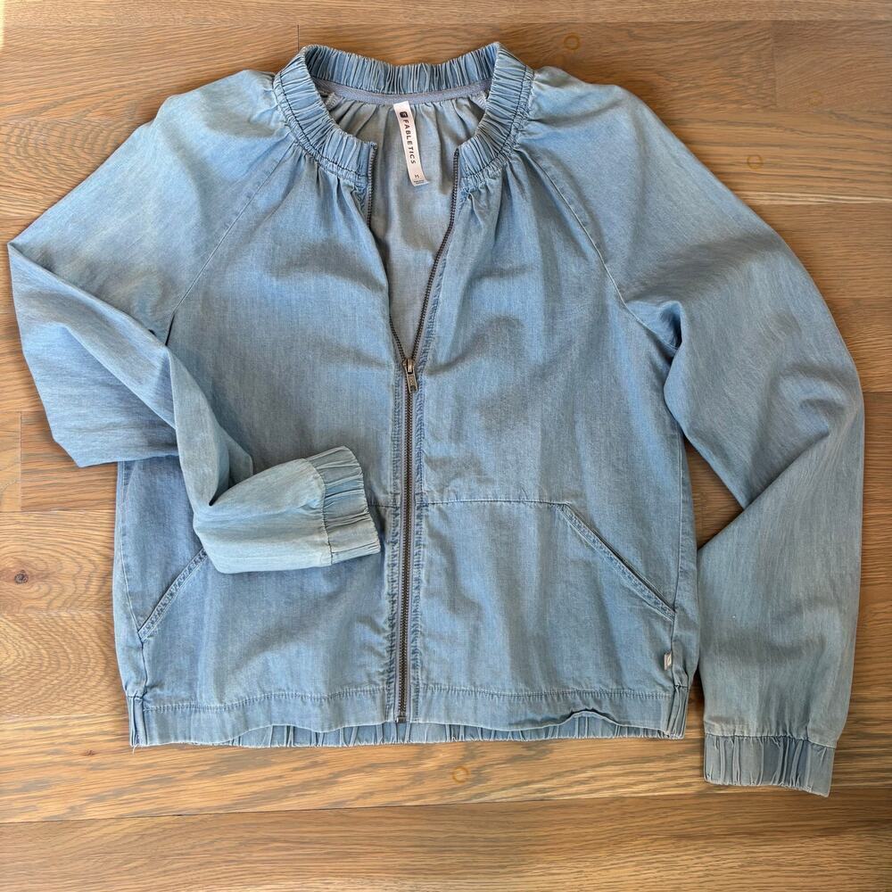 Fabletics Lightweight Chambray Bomber Style Zipper Jacket - Picture 2 of 8